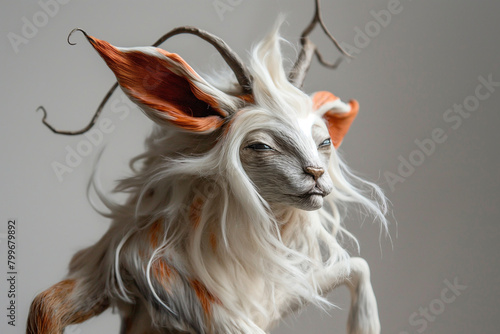 animal art, unique creature with the head of a goat and humanoid body, white face with orange ears, large eyes, horns, midbattle pose, taxidermy, photorealistic // ai-generated  photo
