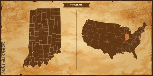 Indiana state map, United States of America map with federal states in A vintage map based background, Political USA Map photo