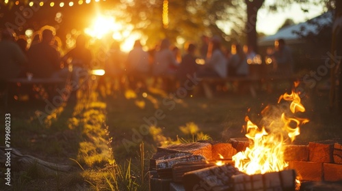 A bonfire is lit at sunset providing a cozy and intimate atmosphere for guests to gather and share stories at the sober anniversary celebration.