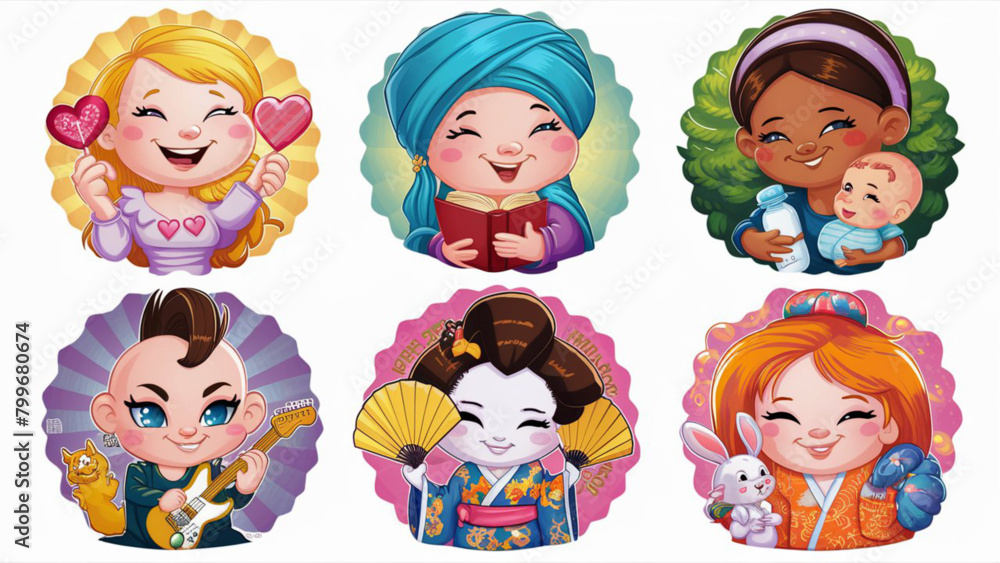 A collection of twelve unique and endearing cartoon mother stickers A collection of twelve unique and endearing cartoon mother stickers