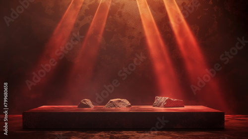 A red and gold of a nature marble platform surrounded by rocks with dramatic lighting.