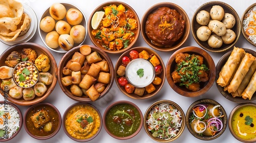 Many Indian, Desi foods top view, isolated on white background, curry, samosa, rolls, pani puri, pakora, Indian and desi food dishes set, collection, Ramadan Iftar food collage