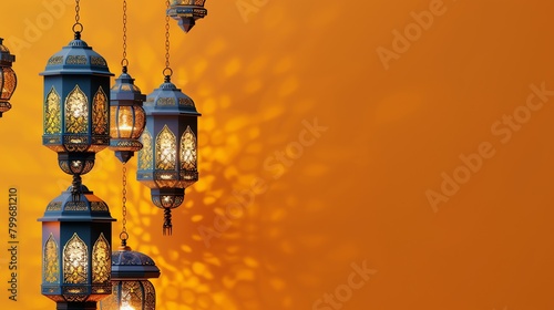 a group of Ramadan lanterns hanging on the left side on an empty orange background, in the style of light orange and light gold