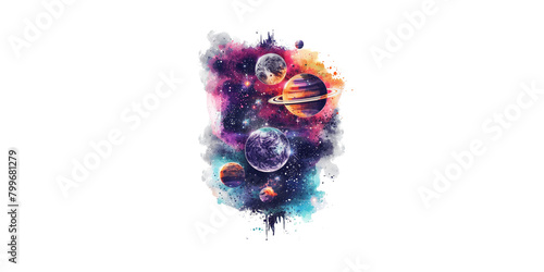  An artistic representation of the cosmos with planets, stars and galaxies using watercolor techniques on a white background