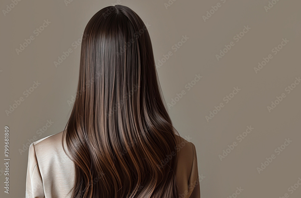 Back view portrait of young woman with long smooth straight brown hair. Back view portrait of young woman with long smooth straight brown hair.
