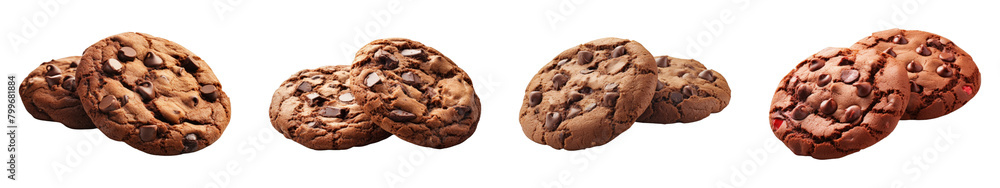 Collection of Double Chocolate Chip Cookies isolated on transparent png background. Generative ai Collection of Double Chocolate Chip Cookies isolated on transparent png background. Generative ai