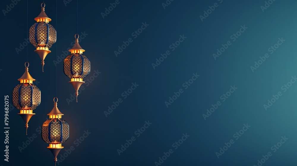 a group of Ramadan lanterns hanging on the left side on an empty orange background, in the style of light navy and light gold a group of Ramadan lanterns hanging on the left side on an empty orange background, in the style of light navy and light gold