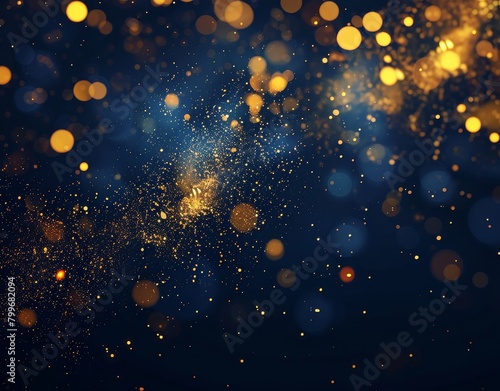 Golden Elegance: Dark Blue and Gold Particles in Festive Bokeh