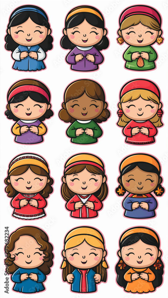 A collection of twelve diverse and adorable mother cartoon stickers A collection of twelve diverse and adorable mother cartoon stickers