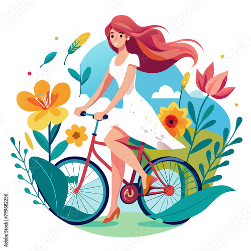 illustration capturing the essence of summer with a beautiful girl riding a bicycle through a field of blooming flowers