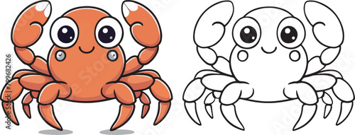 Crab  cute cartoon character  line drawings and colorful coloring pages.