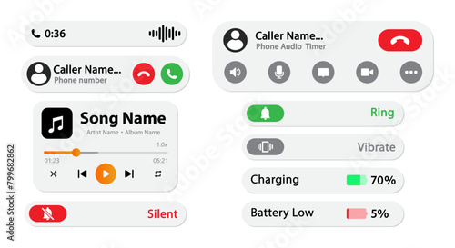 Dynamic island interface design elements vector image modern design with music calling and battery percentage components on white background. Vector interface design.