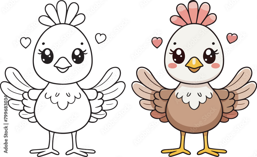 Turkey cartoon character, cute line drawing and colorful coloring page.