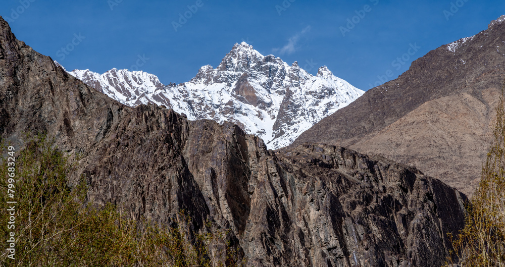Towering mountains in the Indian Himalayas in the Nubra Valley near the border with Tibet