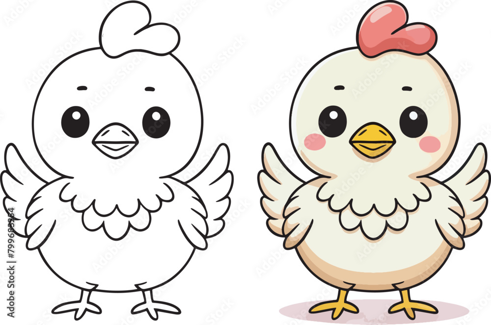 Kawaii chicken, cartoon character, cute lines and colorful coloring pages.