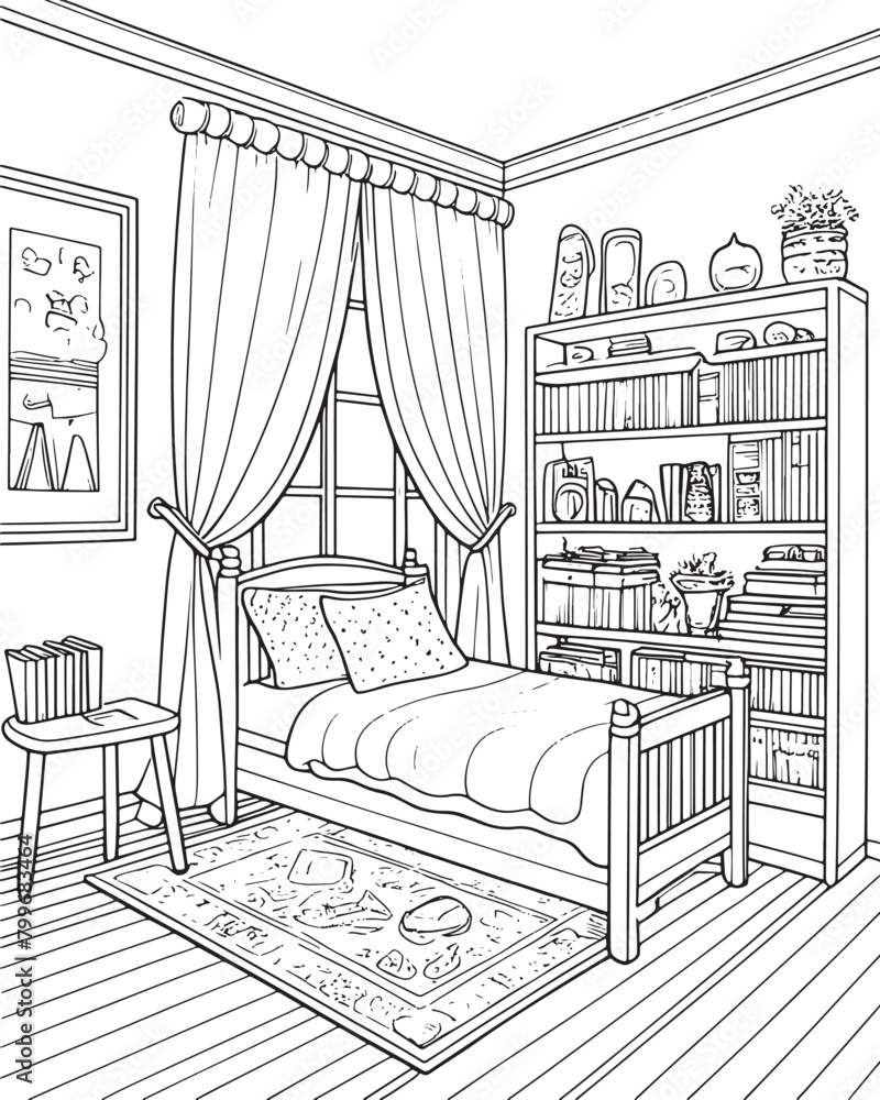 Kawaii bedroom, cartoon characters, cute lines and colors, coloring pages