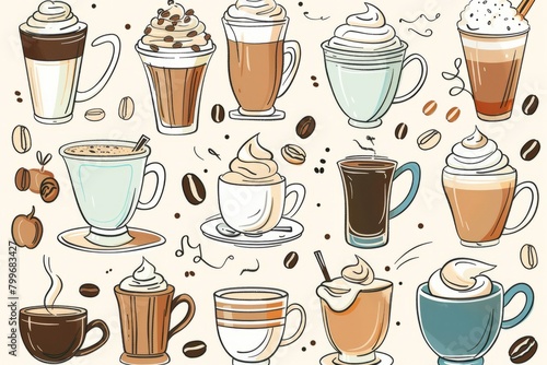 Cartoon cute doodles of a cozy coffee shop offering a variety of specialty drinks, from classic espressos to decadent mochas with whipped cream, Generative AI photo