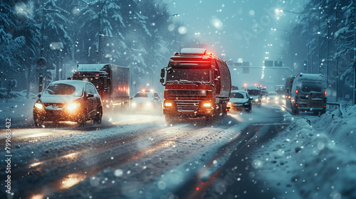 Transport truck on the road and it is snowing © pattozher