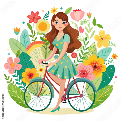 illustration capturing the essence of summer with a beautiful girl riding a bicycle through a field of blooming flowers