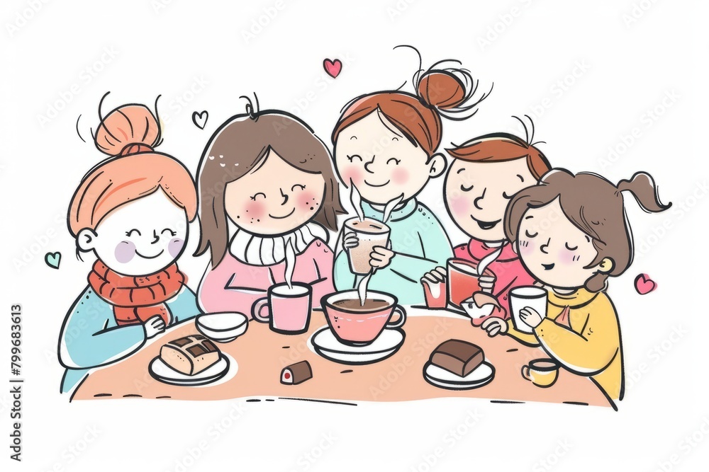 Cartoon cute doodles of a group of friends gathered around a table, sharing stories and memories while sipping on creamy hot chocolate, Generative AI Cartoon cute doodles of a group of friends gathered around a table, sharing stories and memories while sipping on creamy hot chocolate, Generative AI