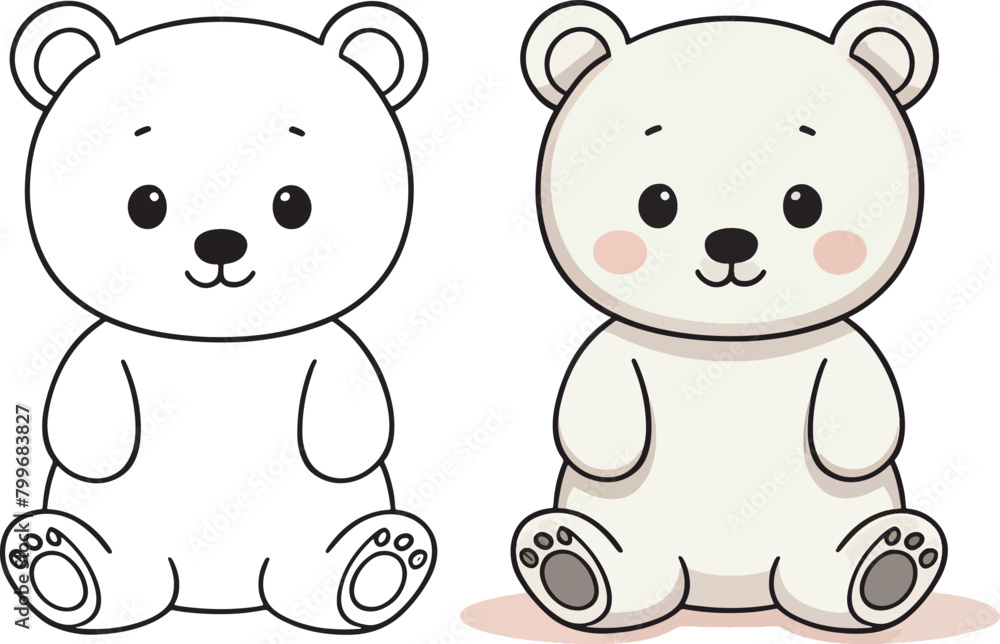 Fototapeta premium Kawaii bear, cartoon characters, cute lines and colorful coloring pages.