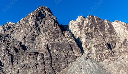 Towering mountains in the Indian Himalayas in the Nubra Valley near the border with Tibet photo