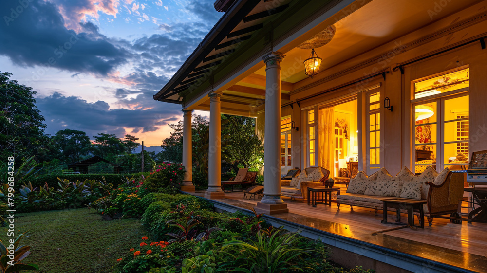 Luxury residence evening charm inside warmth lavish porch furniture and immaculate garden.