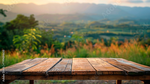 Wooden board with a forest in the background created with Generative Ai technology