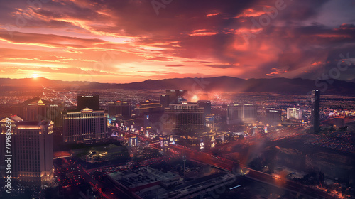 A breathtaking aerial view of a city at dusk with mountains in the background, under a beautiful sky filled with clouds and a stunning landscape on the horizon