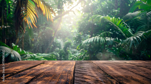 Wooden board with a forest in the background created with Generative Ai technology