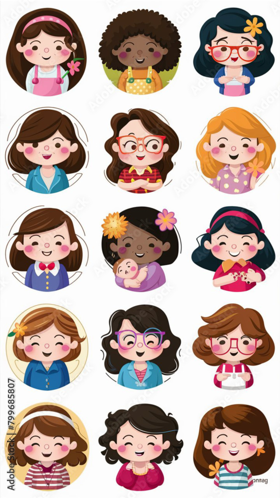 A set of six cartoon motherdaughter stickers A set of six cartoon motherdaughter stickers