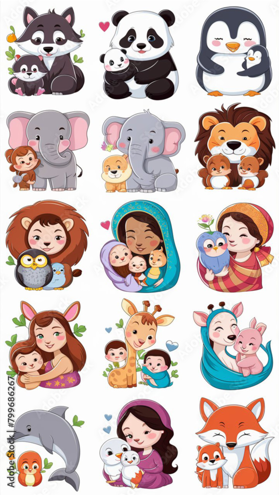 A collection of adorable cartoon mothers day stickers