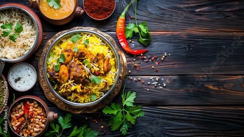 Delicious and spicy indian meat biryani in traditional pot, wood background. photo