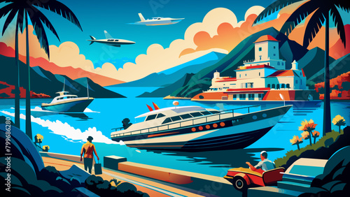 old movie poster, sea motor boat and yacht. Vista desde una Postal: una escena clásica con un yate y un motobot, ovalada por el romance de los viajes por mar.Tranquilidad y libertad