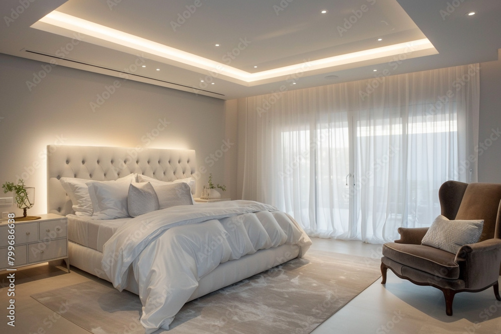 White master bedroom with an avant-garde suspended ceiling design, indirect lighting, and a plush velvet armchair.