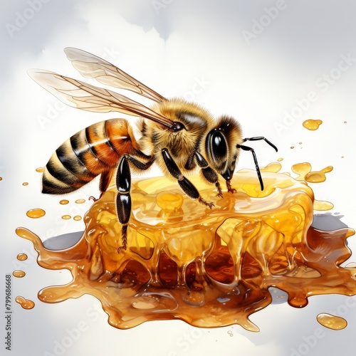 Bee on honeycomb with honey.