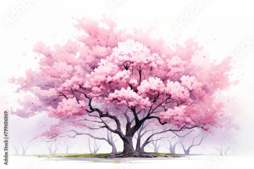 The image is a watercolor painting of a cherry blossom tree in full bloom