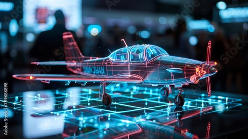 The image shows a 3D rendering of a small airplane. The airplane is blue and red, and it is sitting on a grid. The background is black.