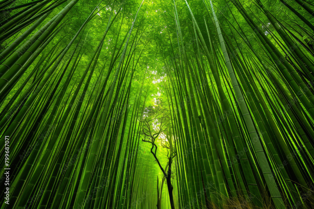 Fototapeta premium An artistic portrayal of a dense bamboo forest, with the slender stalks forming vertical lines that converge towards the top of the frame.