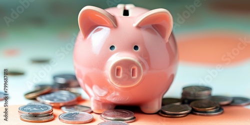 The image shows a pink piggy bank sitting on a pile of coins