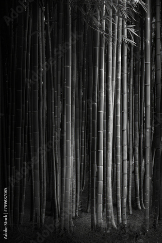 An artistic portrayal of a dense bamboo forest  with the slender stalks forming vertical lines that converge towards the top of the frame  in black and white tone