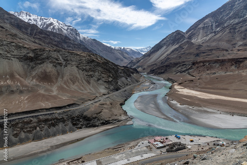 Turquoise colored waters of the Indus River near its confluence with the Zansker River near Leh in northern India