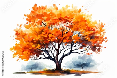 The watercolor painting shows a large tree with orange leaves in the fall