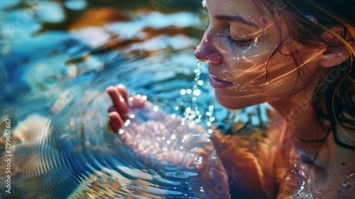 A woman dips her hand into a cool natural spring and brings the water to her lips.