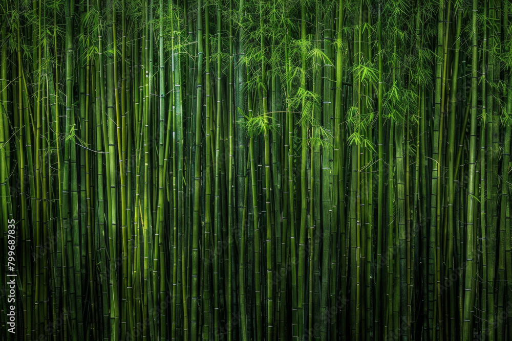An artistic portrayal of a dense bamboo forest, with the slender stalks forming vertical lines that converge towards the top of the frame. An artistic portrayal of a dense bamboo forest, with the slender stalks forming vertical lines that converge towards the top of the frame.