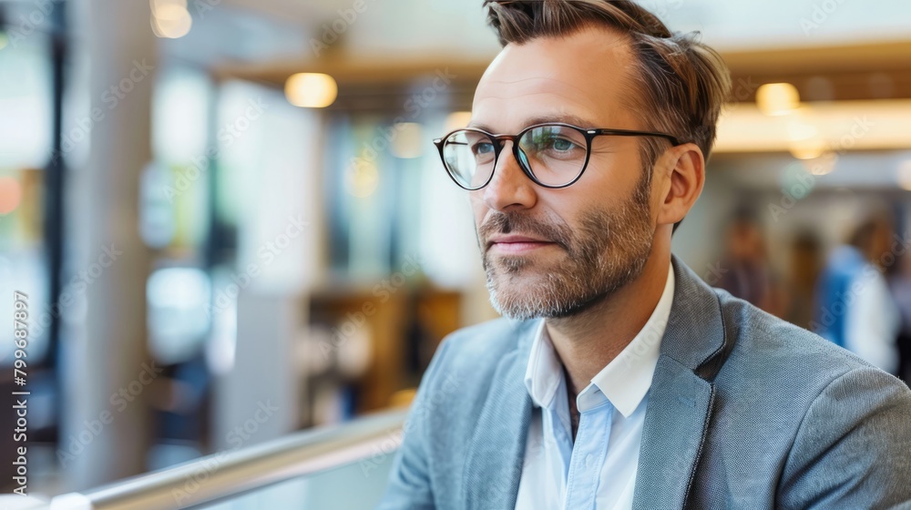 Obraz premium Businessman in Gray Suit, Beard, and Glasses: Cafe Setting