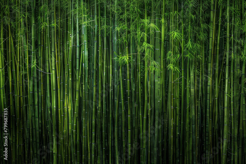 An artistic portrayal of a dense bamboo forest  with the slender stalks forming vertical lines that converge towards the top of the frame.