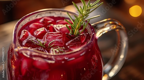 A glass pitcher filled with a deep red pomegranate mocktail with a sprig of rosemary as garnish.