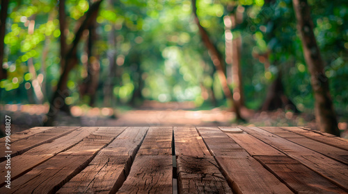 Wooden board with a forest in the background created with Generative Ai technology