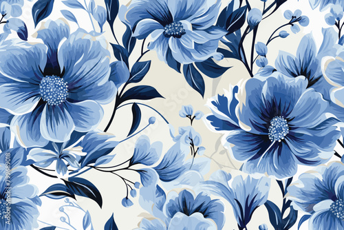 Blue floral watercolor seamless pattern iznik tile cute print wet watercolor
 photo